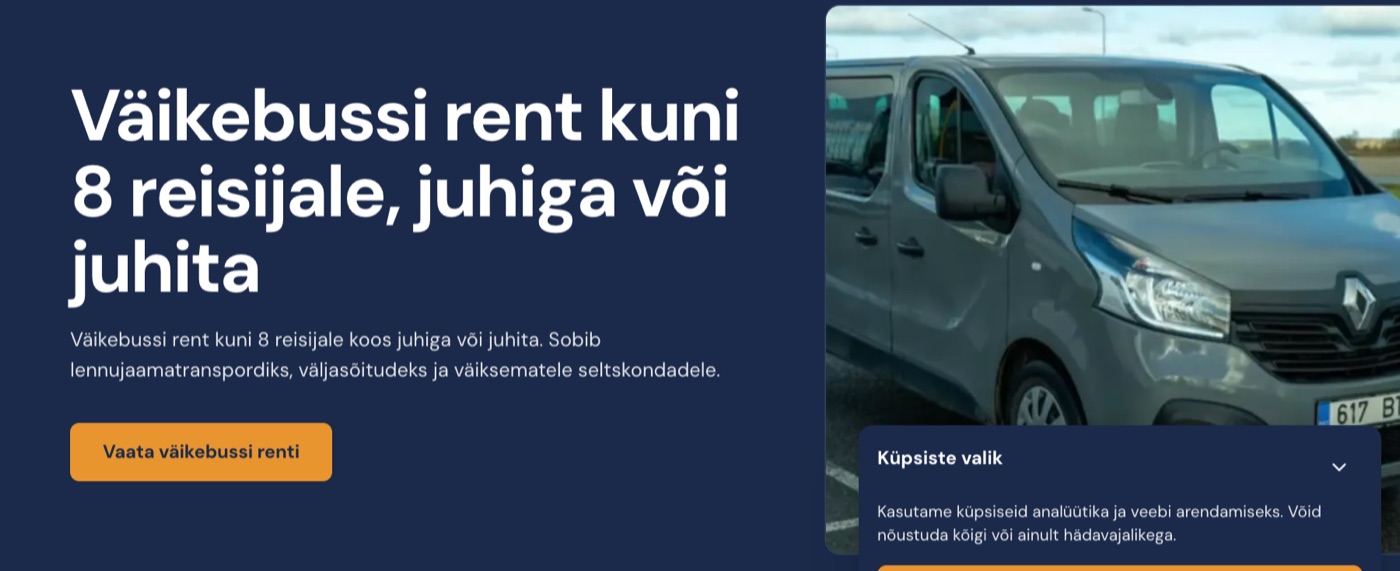 bussidetellimine.ee home page: small bus rental up to 8 passengers, with a button to ask for a quote