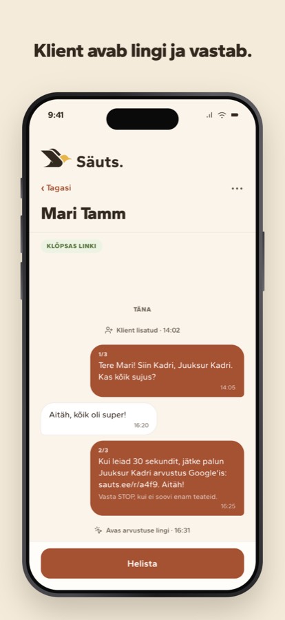 Säuts conversation with one customer: check in, reply, review invite, link opened